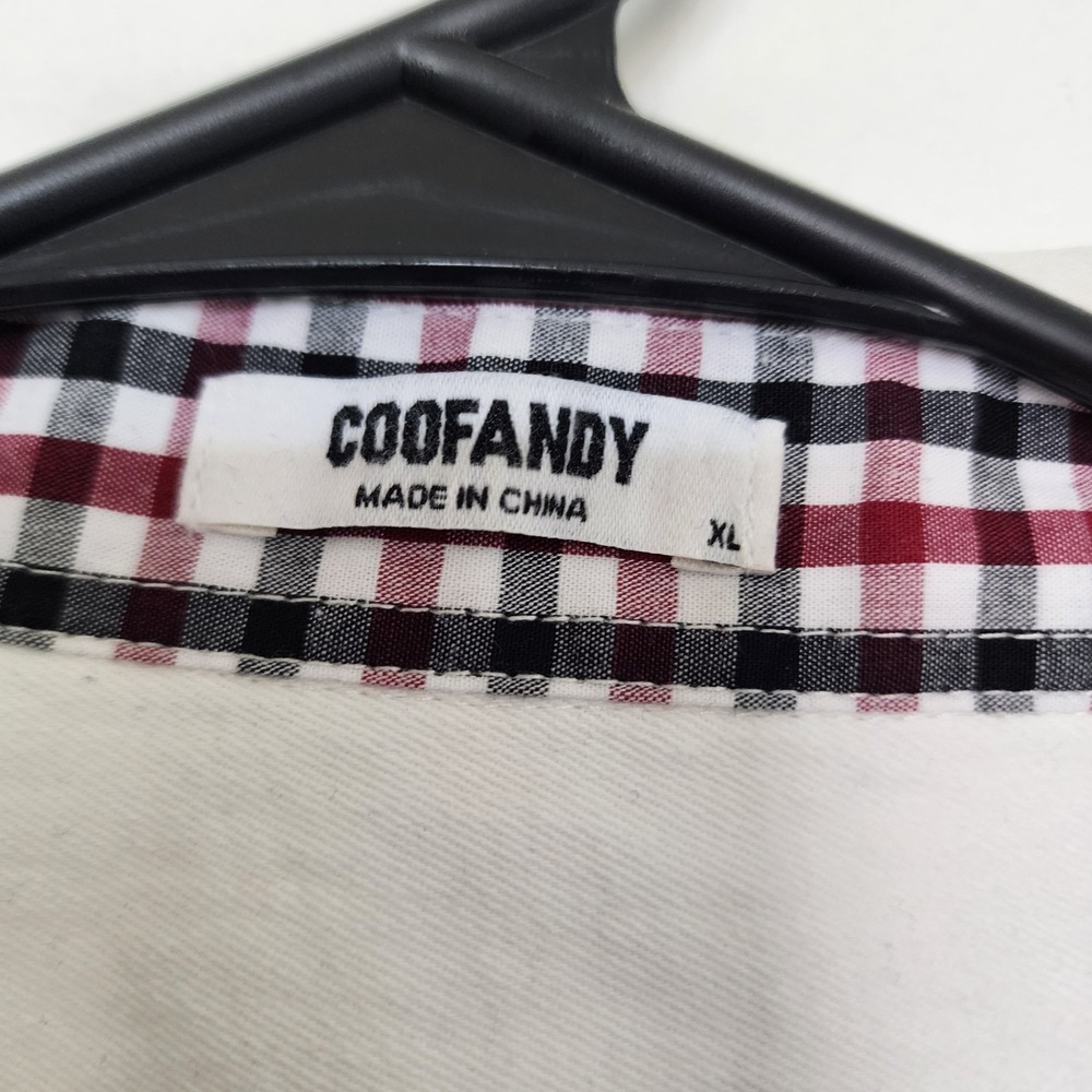 COOFANDY Mens XL White Button Front Shirt Plaid Trim Faux Leather Pocket Casual - Picture 5 of 10